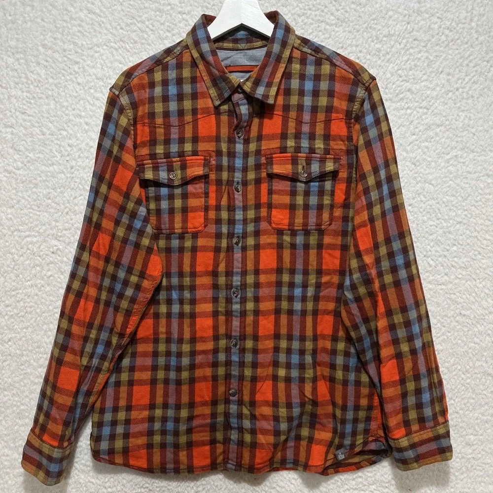 The North Face Mens Large Flannel Button-Up Plaid Shirt Orange/Blue Outdoor